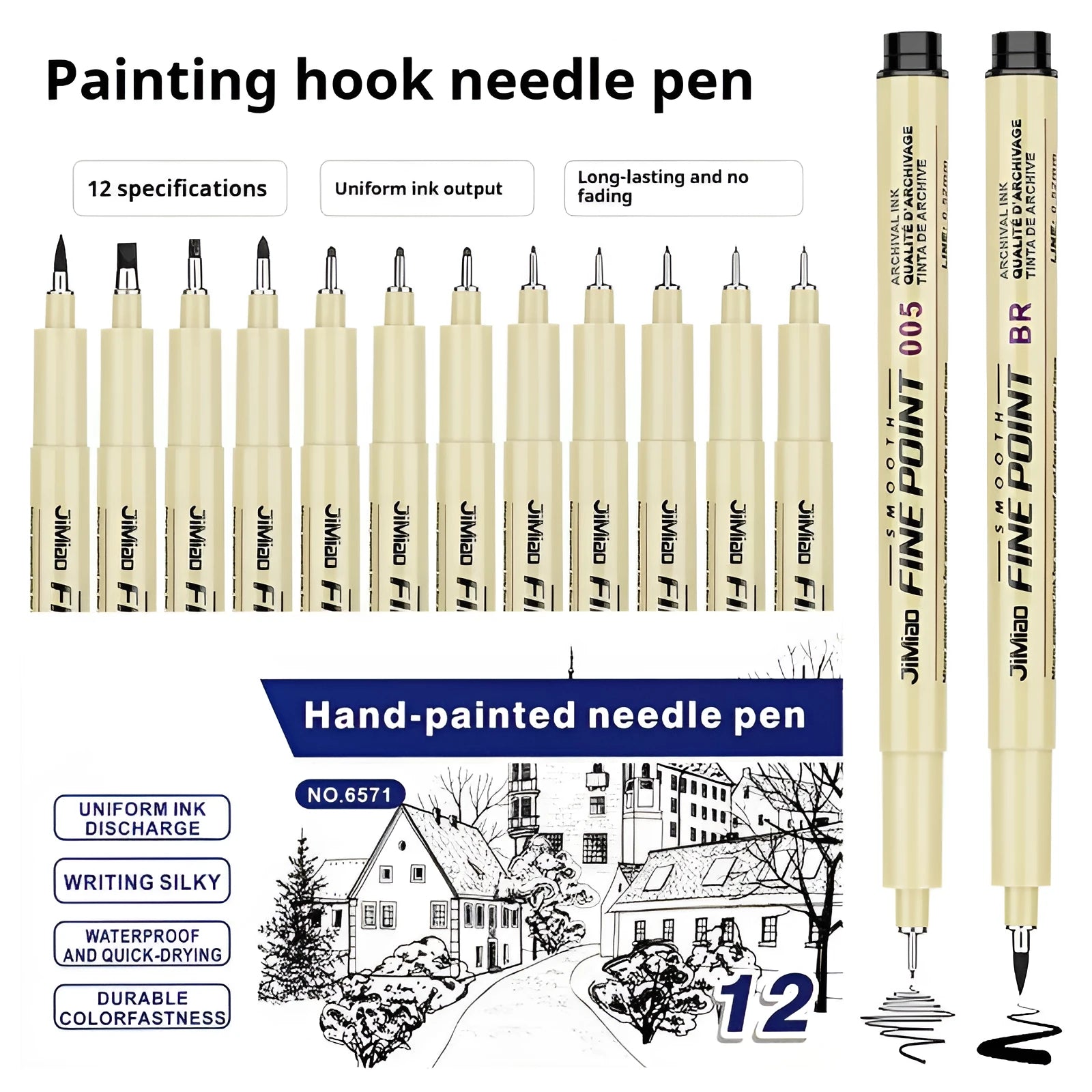 Black waterproof needle pen with plastic body for drawing and writing, showing 133mm length.