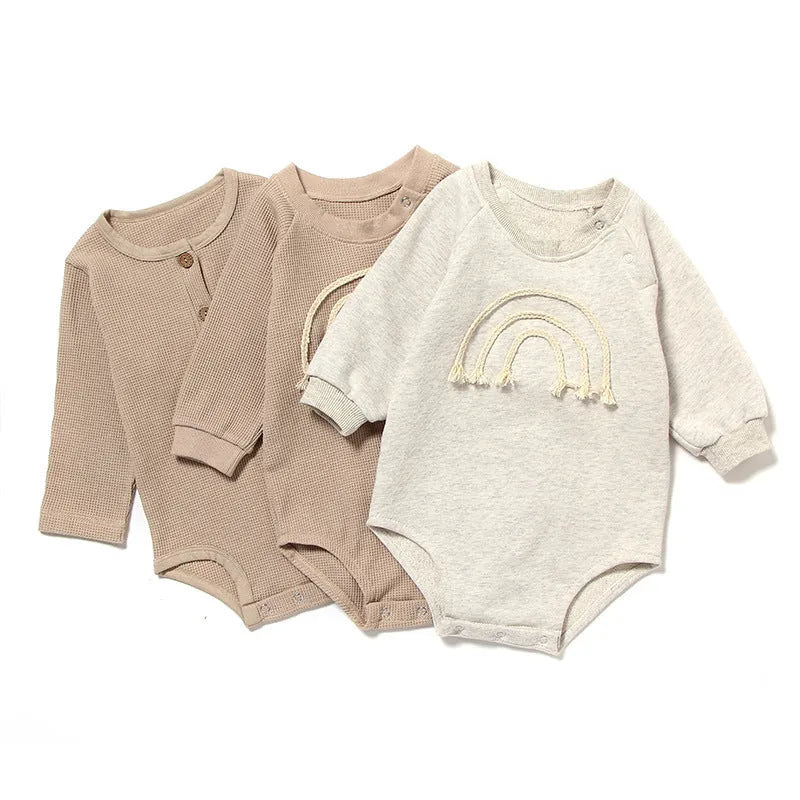 Waffle cotton baby romper with long sleeves in beige khaki blue green colour options