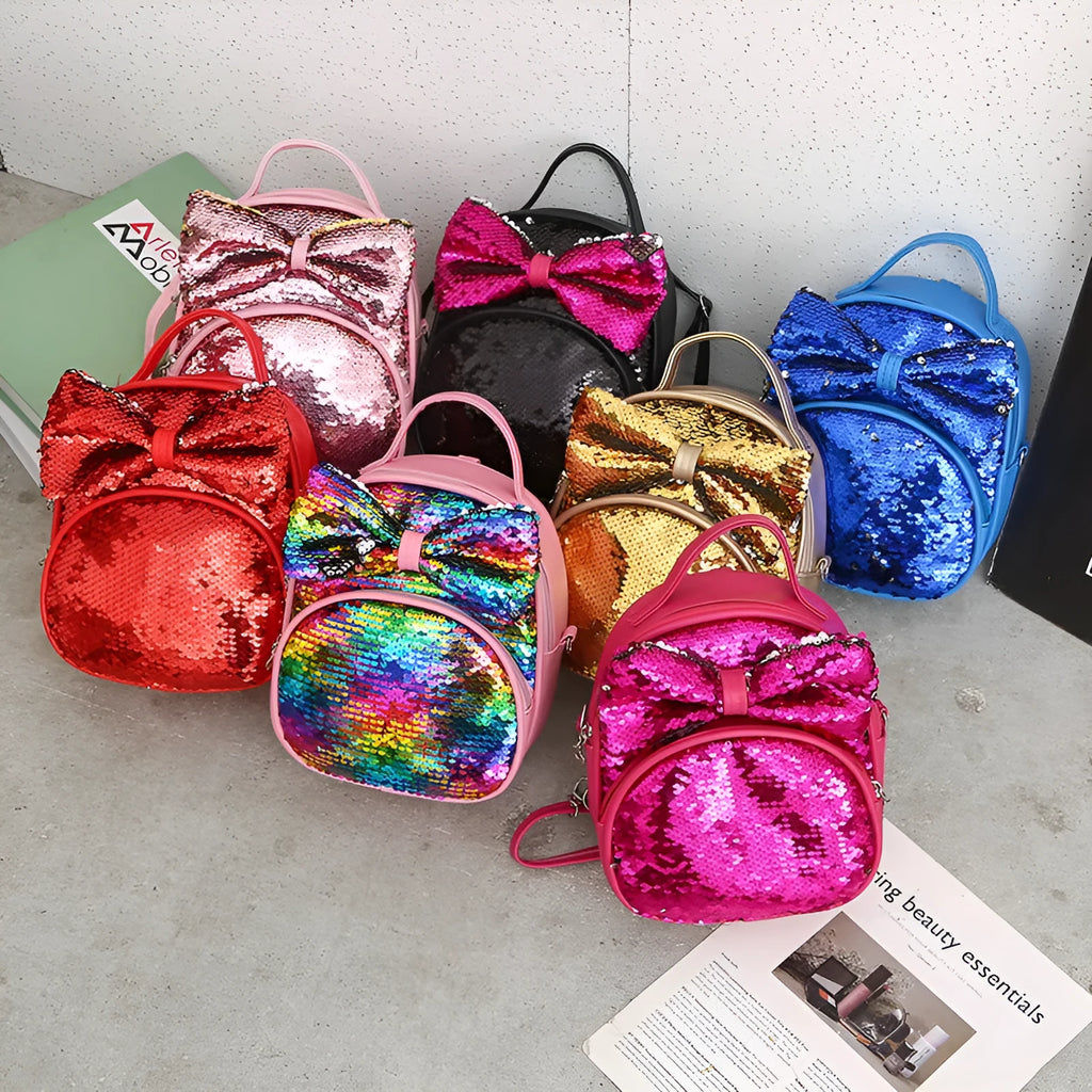 Children's sequined cartoon backpack with bow pattern, padded shoulder strap and soft carry handle, 18x9x21cm.