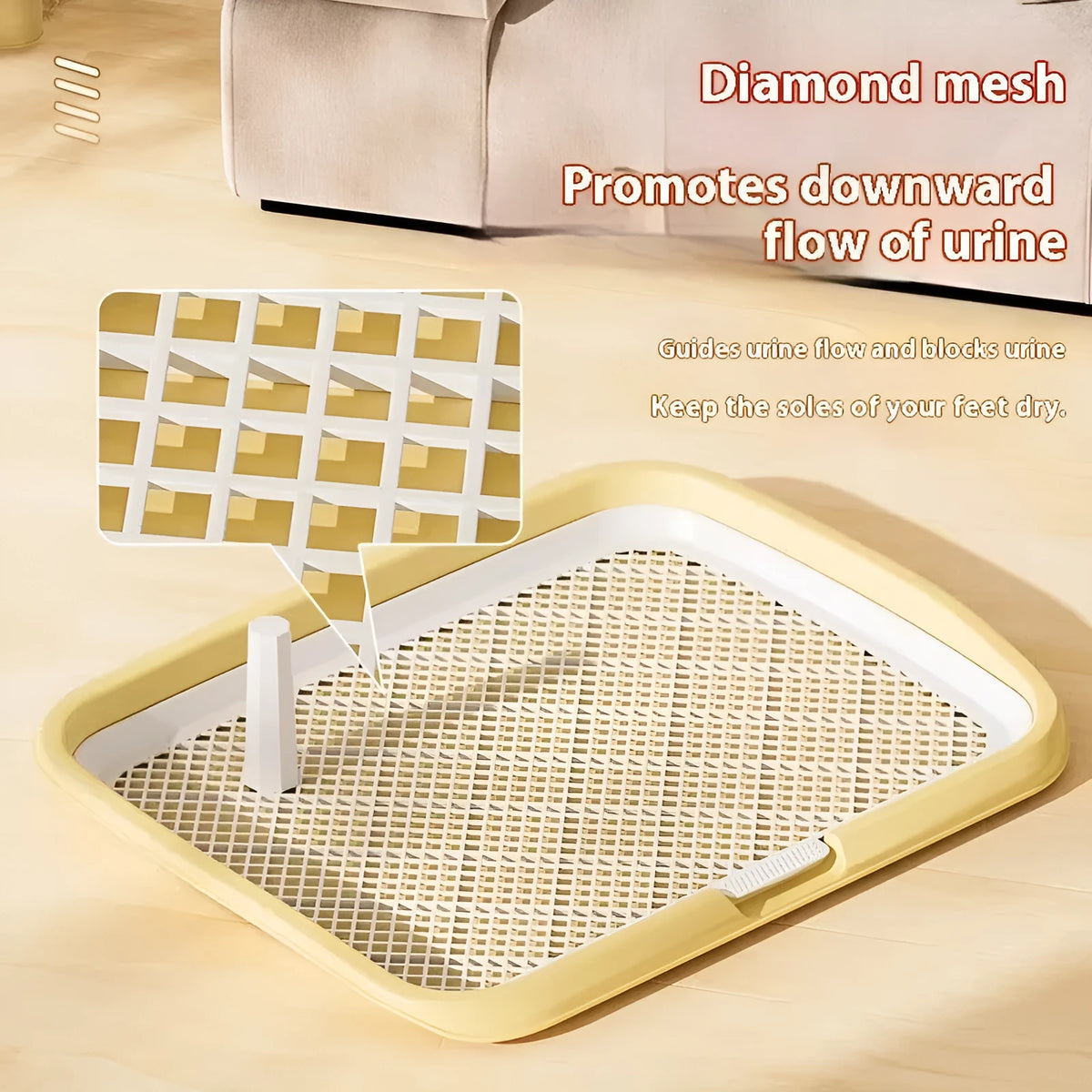 PET plastic fixed-point dog toilet tray in cream yellow, removable and washable, with side walls