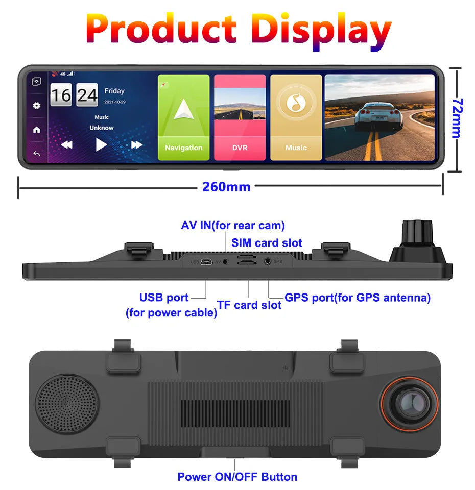 Black rearview mirror style dashboard camera with dual lenses for front and rear recording and a touch screen display.