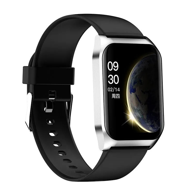 Black and silver smart watch with heart rate monitor on a silicone strap, showing its 1.69-inch screen.