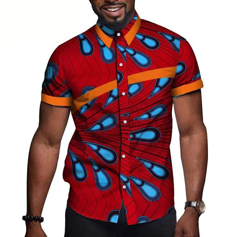 African men cotton colourblock short sleeve top with lapel collar in available colours