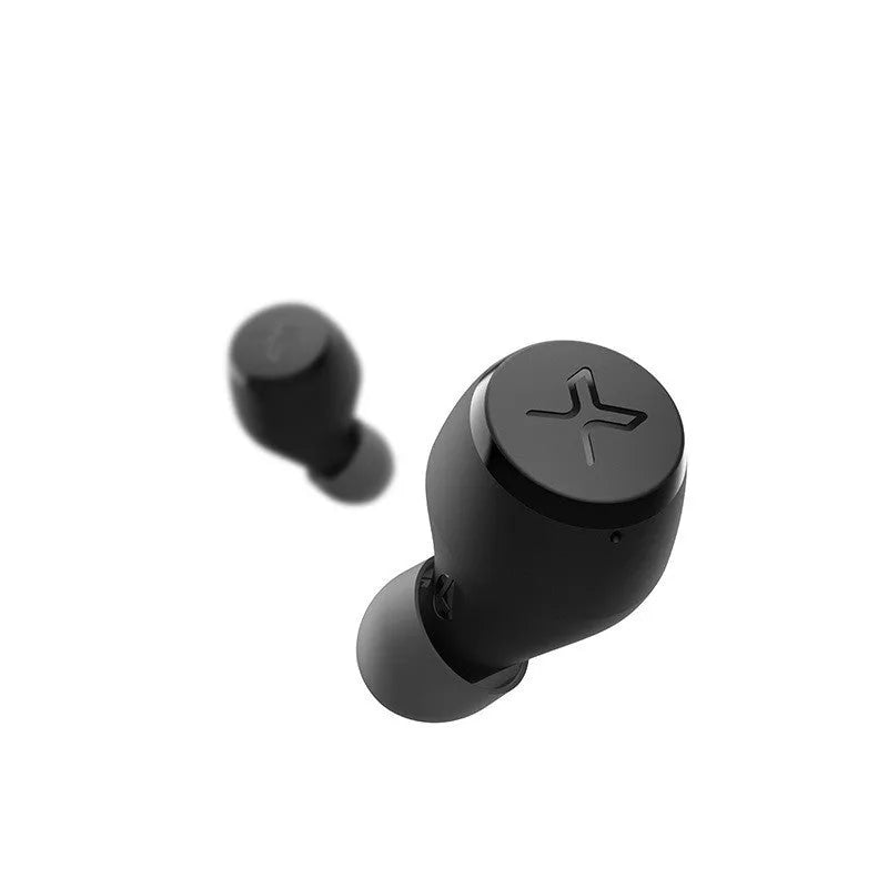 True wireless Bluetooth earbuds in Black with earplug-style fit and charging case