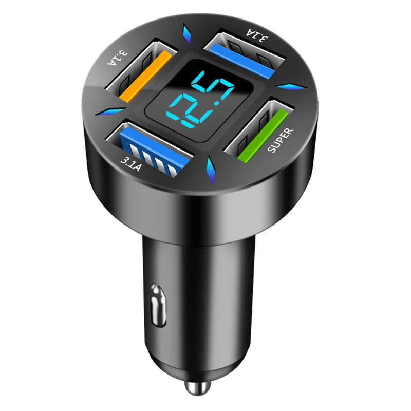 Four-port USB car charger with LED digital voltage display showing 12V.