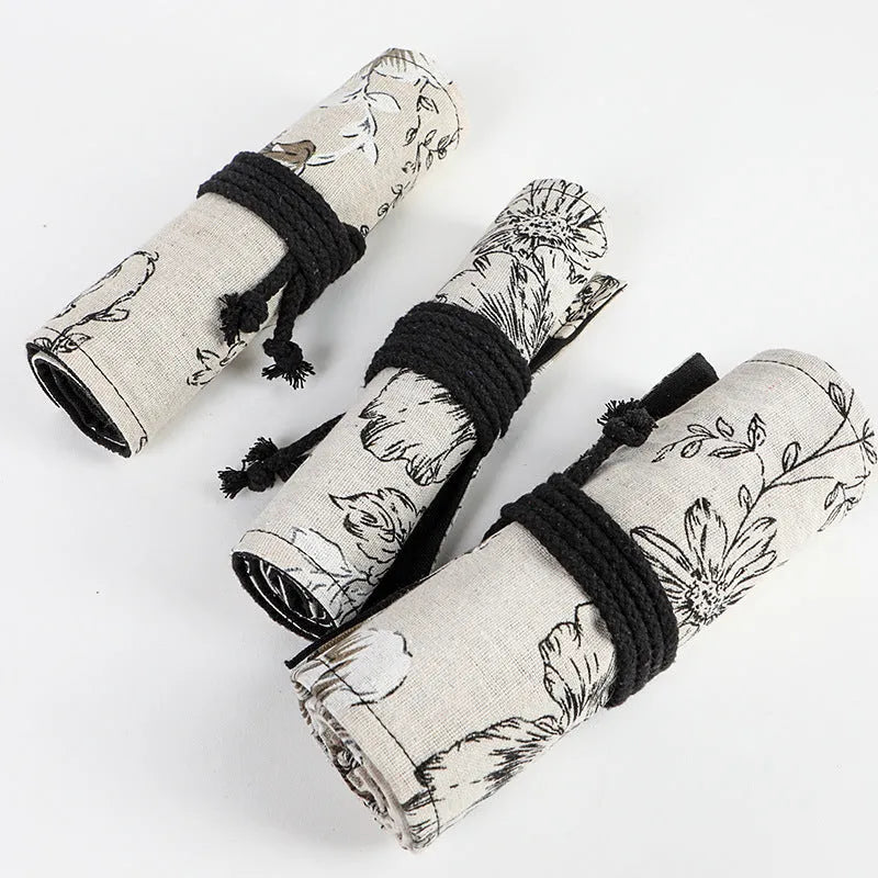 Black peony printed canvas pencil roll bag with 24 or 72 holes for pencil organisation