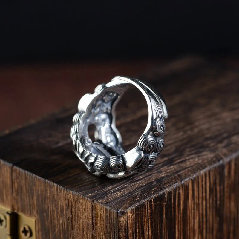 Silver open ring with adjustable design featuring detailed jibeast animal zodiac pattern modelling