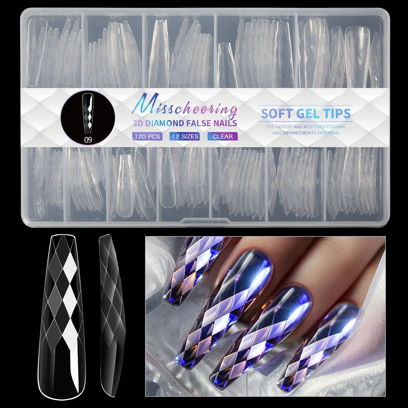 3D diamond texture long false nails in assorted colours, 120-140 pieces per pack