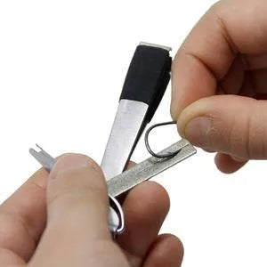Black fishing pliers kit with scissors and quick knot tool on a white background, 8.5cm long