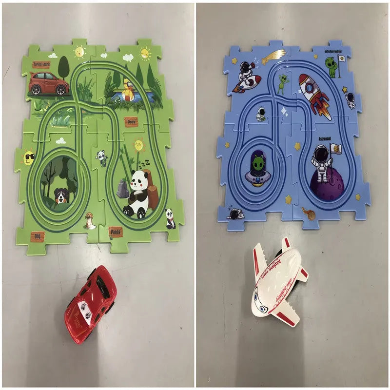 Children puzzle electric railroad speeder with DIY assembly track and automatic car, dinosaur theme