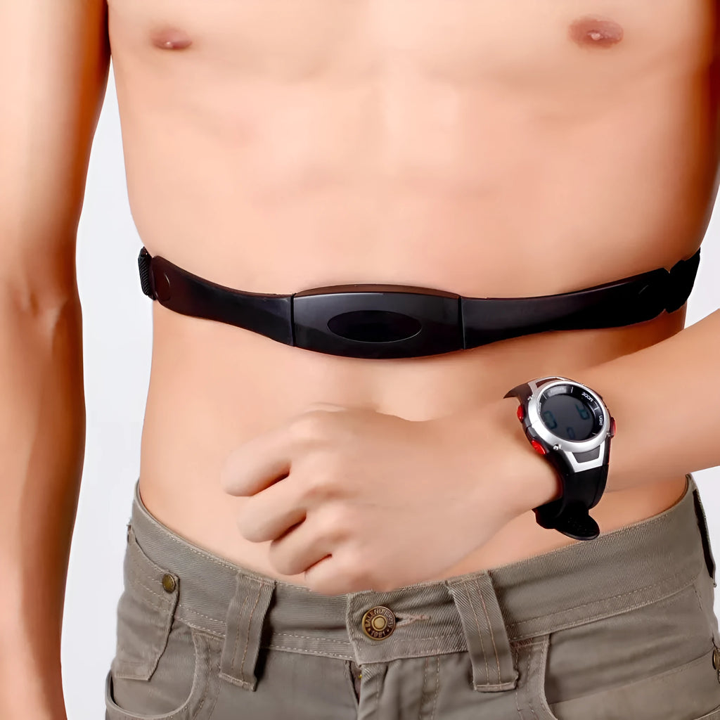 Black heart rate monitor watch with rubber strap and round dial, waterproof to 3 metres with chest strap