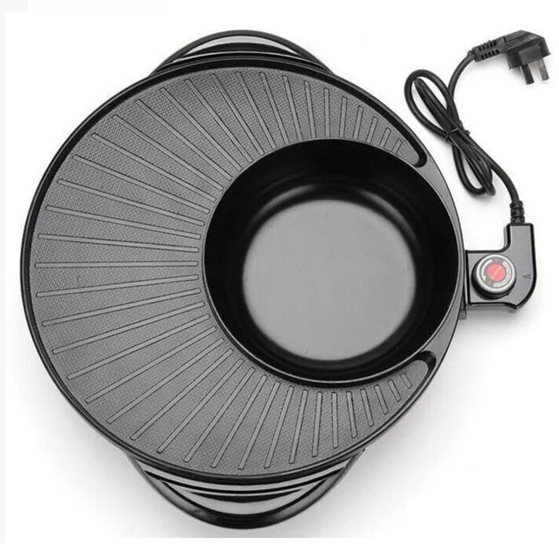 Black multifunction electric hot pot grill with aluminium alloy pot and wave plate baking tray