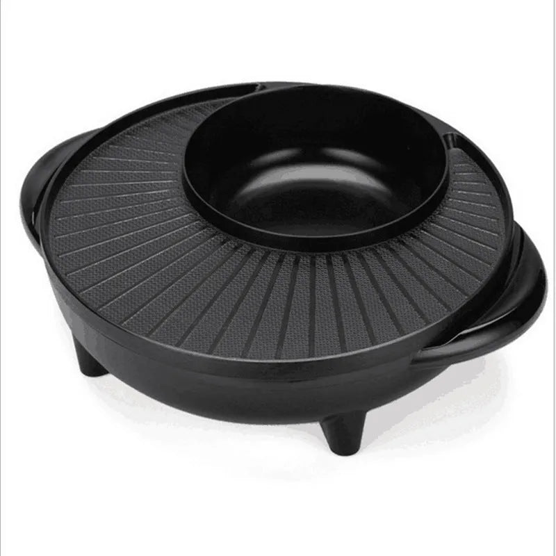Black multifunction electric hot pot grill with aluminium alloy pot and wave plate baking tray
