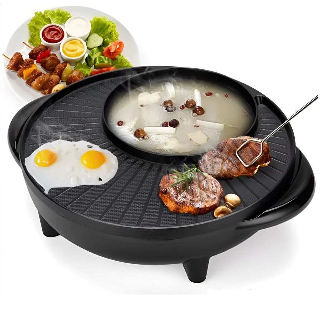 Black multifunction electric hot pot grill with aluminium alloy pot and wave plate baking tray