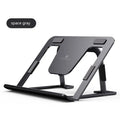 Foldable aluminium alloy tablet and phone holder in dark gray on a desk