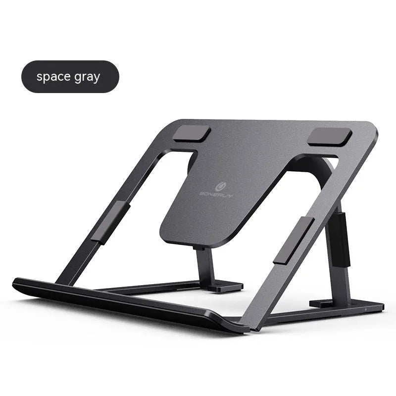 Foldable aluminium alloy tablet and phone holder in dark gray on a desk