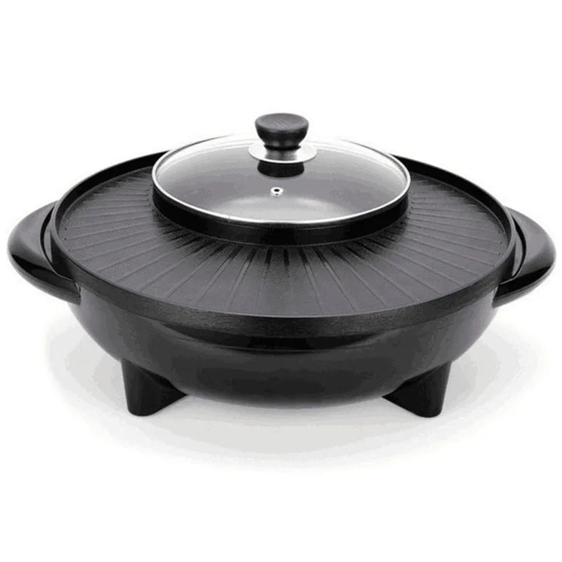 Black multifunction electric hot pot grill with aluminium alloy pot and wave plate baking tray