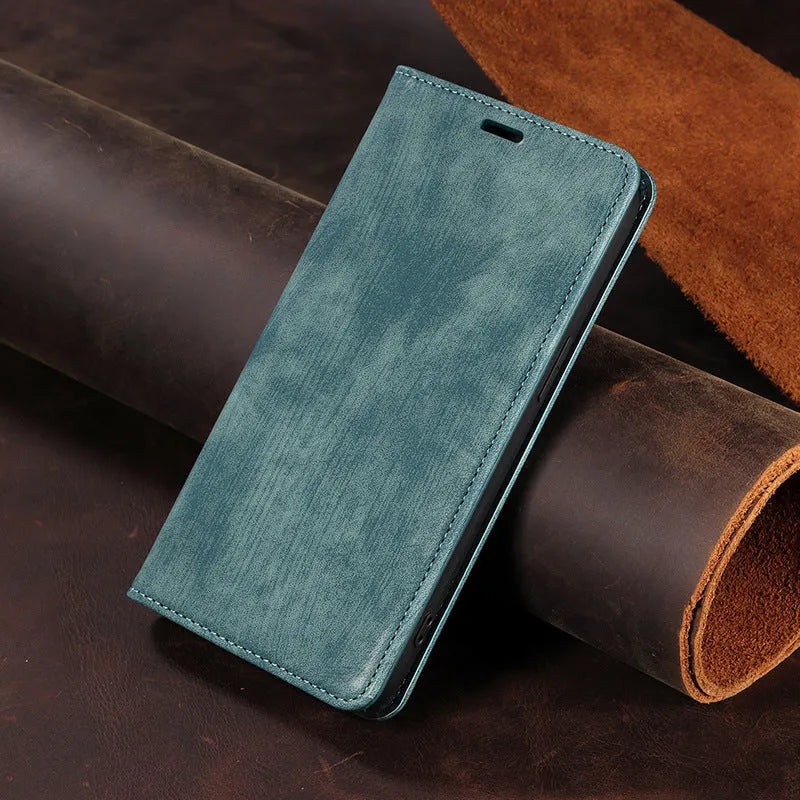 Magnetic flip leather phone case for iPhone shown closed and open, revealing card slots and phone.
