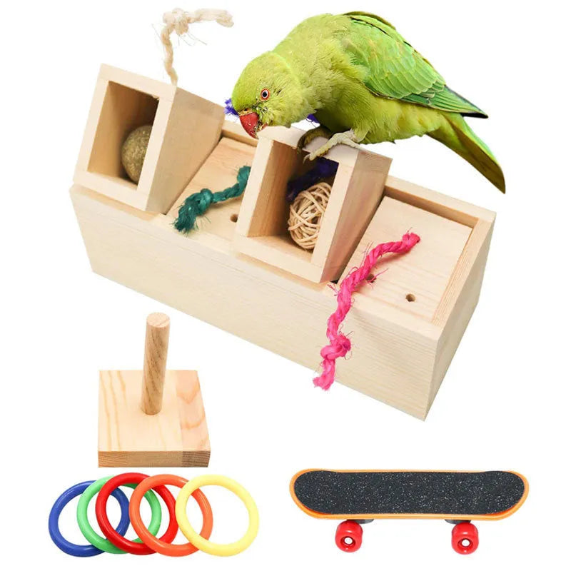 Wooden puzzle toy for parrots with interchangeable pieces for bird enrichment