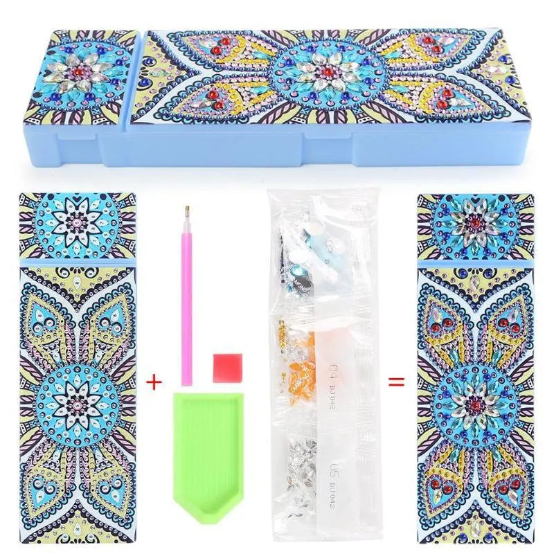 DIY diamond painting kit with PU leather wristlet pencil case, resin diamonds, and crafting tools laid out.