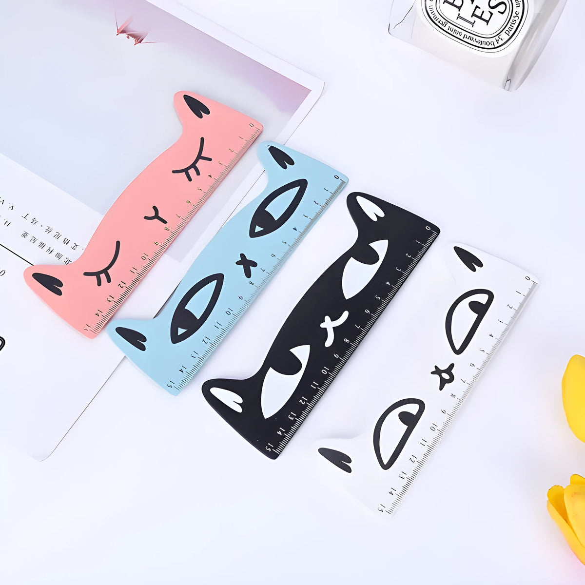 Kawaii cat wooden ruler 15cm in candy colour, available in black blue pink white, single OPP bag stationery