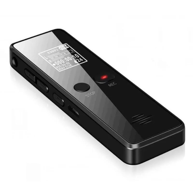Black zinc alloy U disk voice recorder and MP3 player showing LCD screen and USB connector.