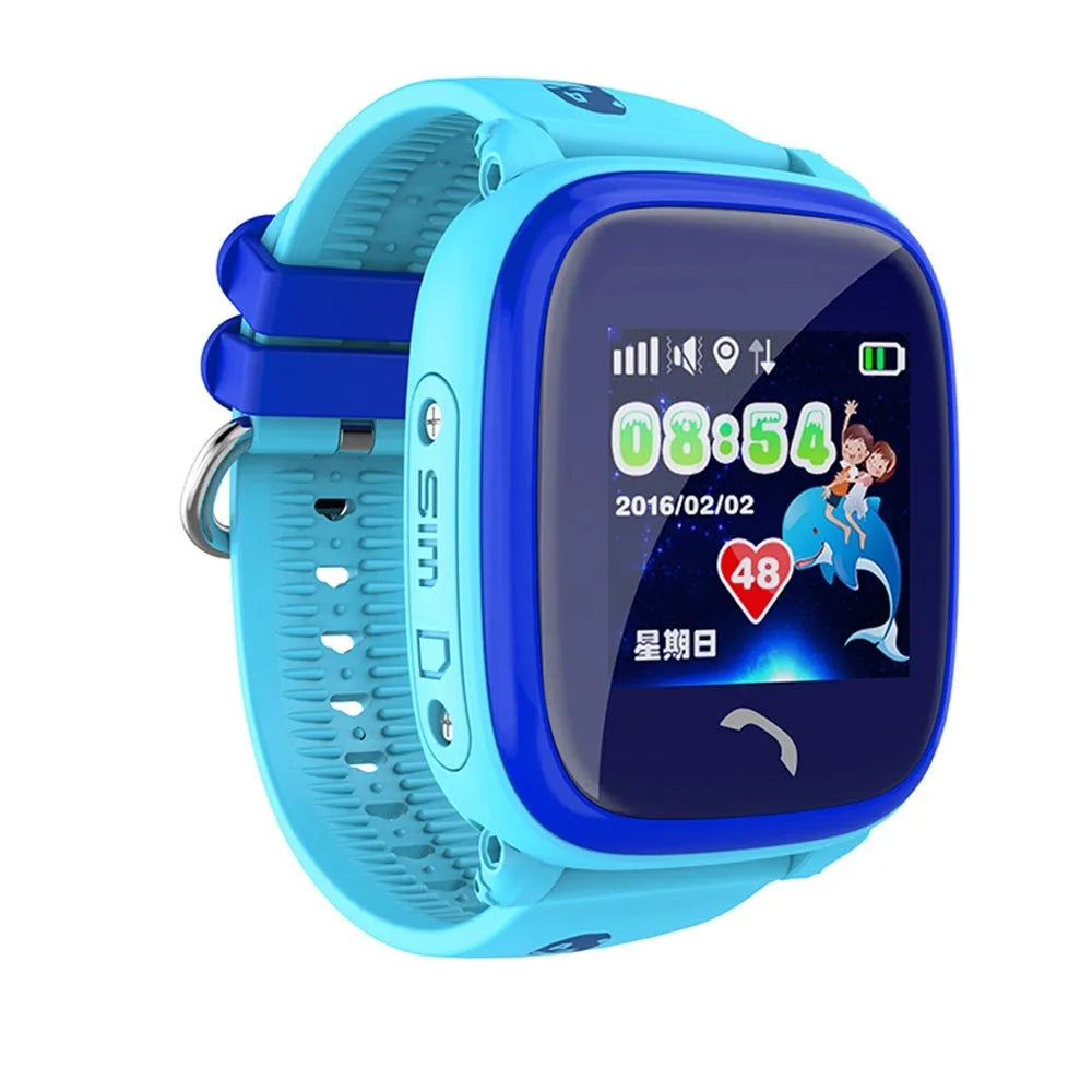 Blue children's waterproof smartwatch with touch screen and silicone wristband showing GPS tracking display