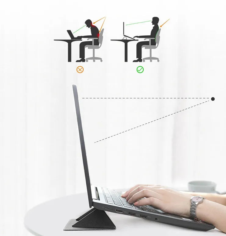Blue foldable laptop cooling stand with anti-slip surface, shown open and closed, next to a laptop.
