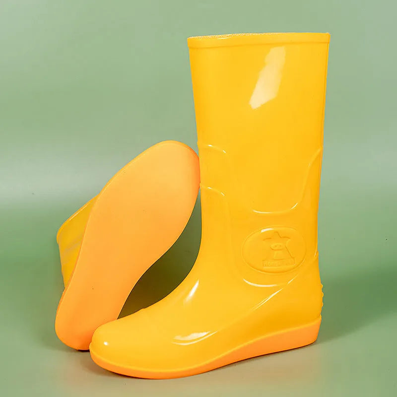 Men's white plastic high ankle rain boots with flat sole and round toe design