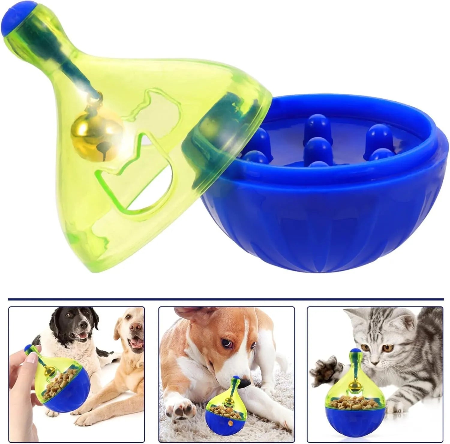Blue and white tumbler-shaped interactive treat dispenser toy for dogs and cats on a wooden floor.