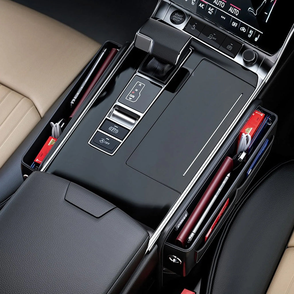 Black PU leather car seat gap storage box with data cable hole filling central console space