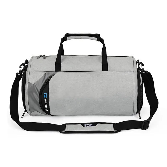 Men sports training bag in black waterproof nylon L size with dry wet separation and trolley strap