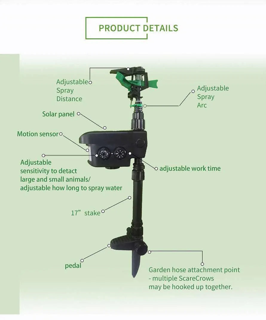 Automatic sensing animal repellent garden sprinkler, black ABS plastic, 64cm tall, with rotating nozzle