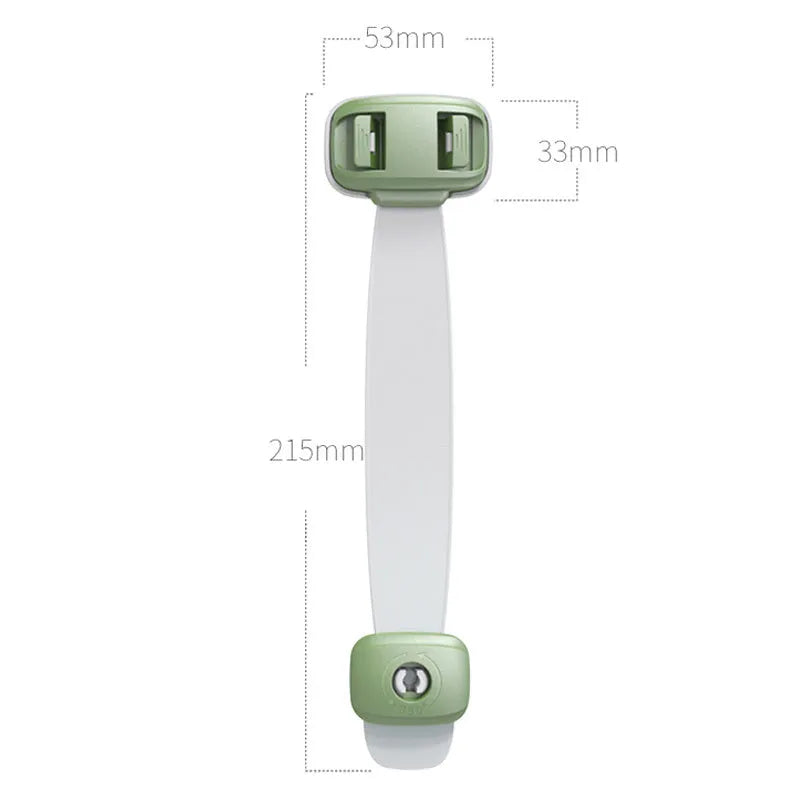 Adjustable grey child safety lock with strap for cabinets and drawers using 3M adhesive tape