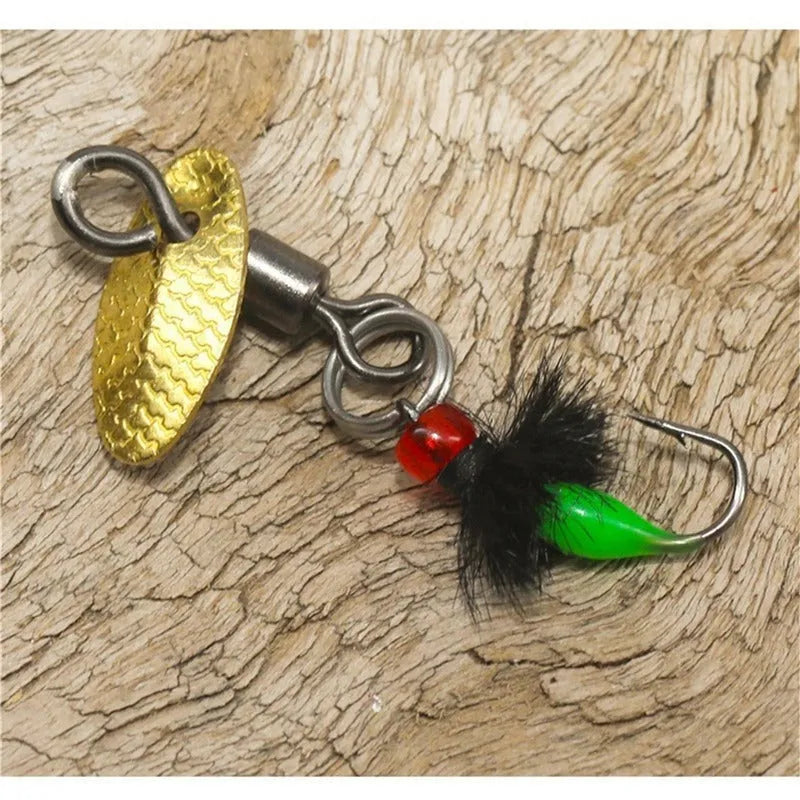 Five bionic poison mosquito fishing hooks with spinning sequins in multicolour patterns