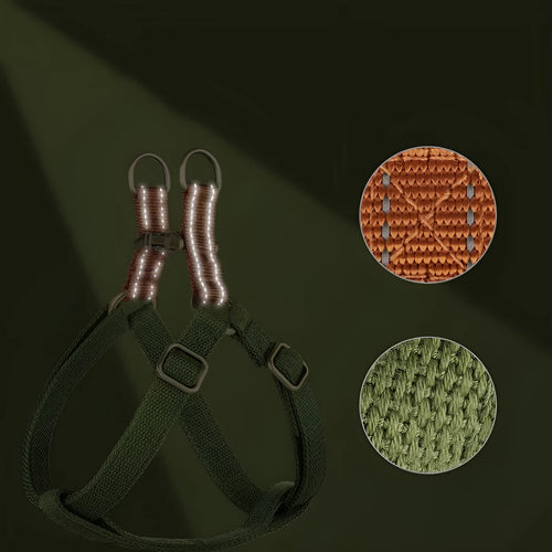 Brown vest-style dog leash harness on small dog showing chest design and alloy fastener