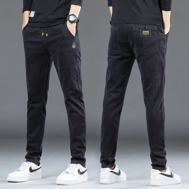 Men's denim stretch casual trousers in dark blue, cropped length, horn leg opening, size 5XL