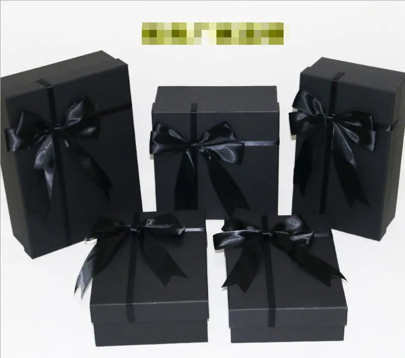 Gift box set with four sizes, Paper Board Material, black blue pink options, and bag choices
