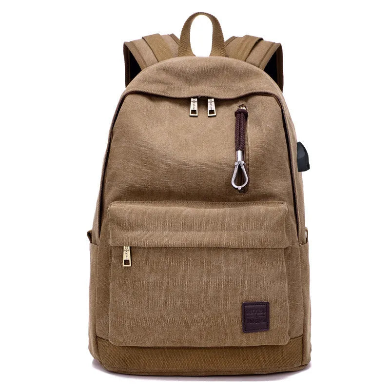 Canvas USB rechargeable backpack in khaki colour showing laptop pocket and shoulder straps