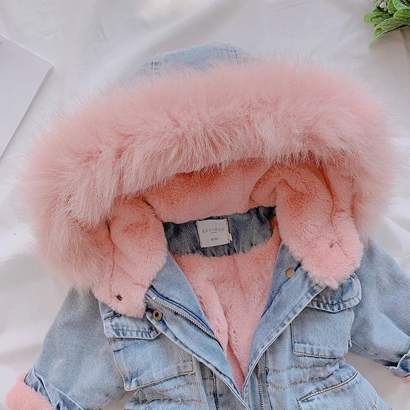 Blue denim jacket for girls with a fleece lining and attached hood.