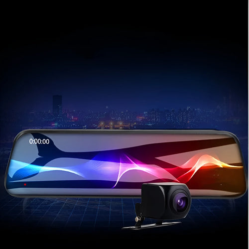 10-inch full screen car dash cam with front and rear cameras on a car dashboard