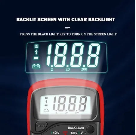 Handheld digital multimeter display showing 1999 counts on yellow meter with test leads and temperature wire accessories