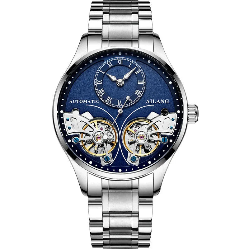Men's automatic wristwatch with tourbillon and moon phase on a black leather strap