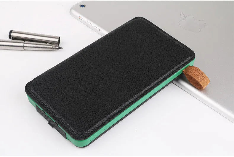 Outdoor solar power bank with soft leather wrap in multiple colours, showing solar panel and USB ports
