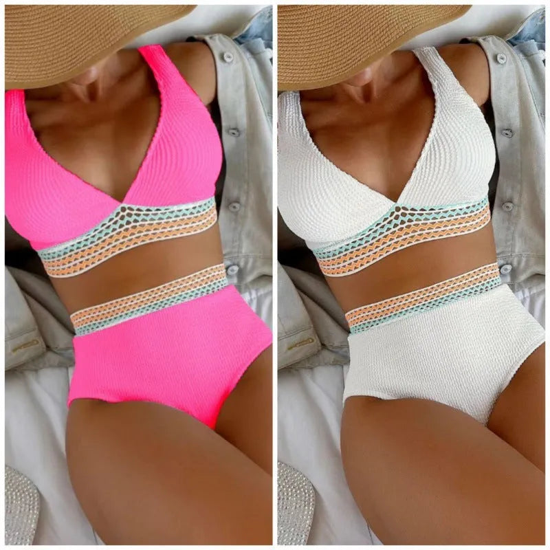 A pink high-waisted bikini set for women on a white background, showing the sleeveless top and briefs.