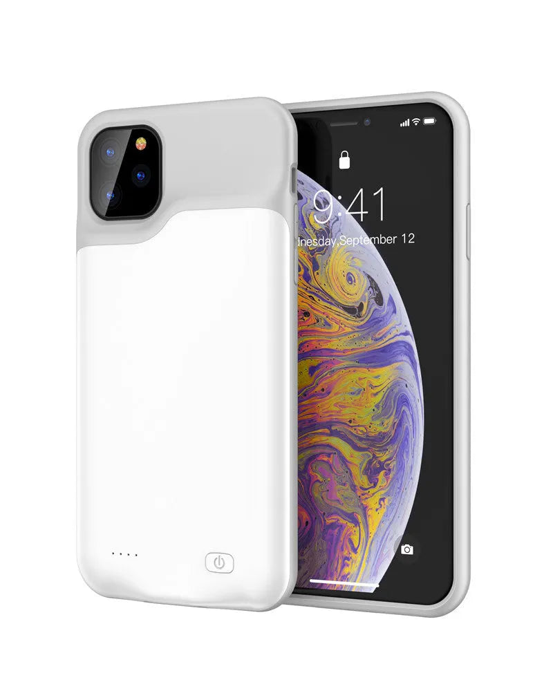 Shockproof silicone battery charger case for iPhone in black, showing integrated design.