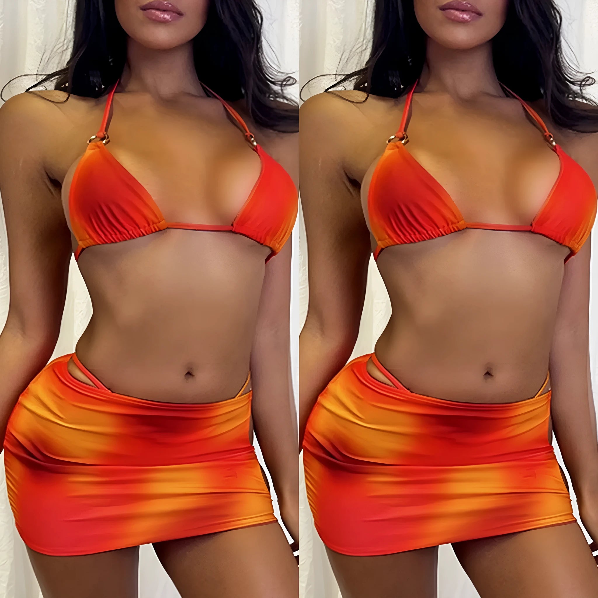 Women's tie-dye halter neck bikini set with matching detachable skirt on a beach towel