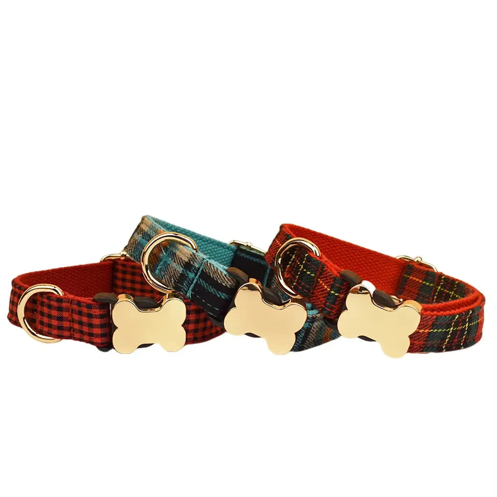 Flat fabric printed grid dog collar with bone buckle in multiple colours.