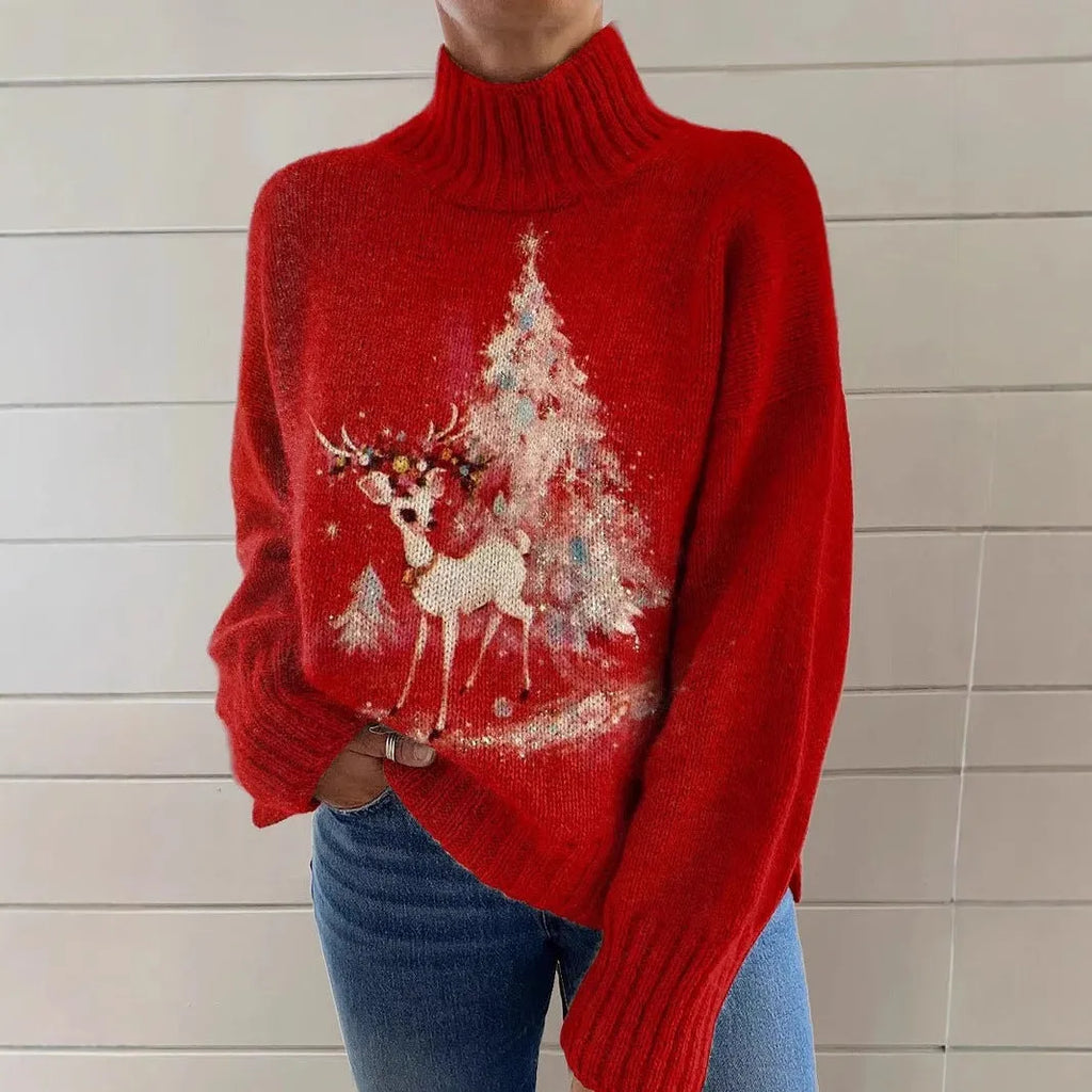 Women's loose fit Christmas printed turtleneck sweater in a macaron colour