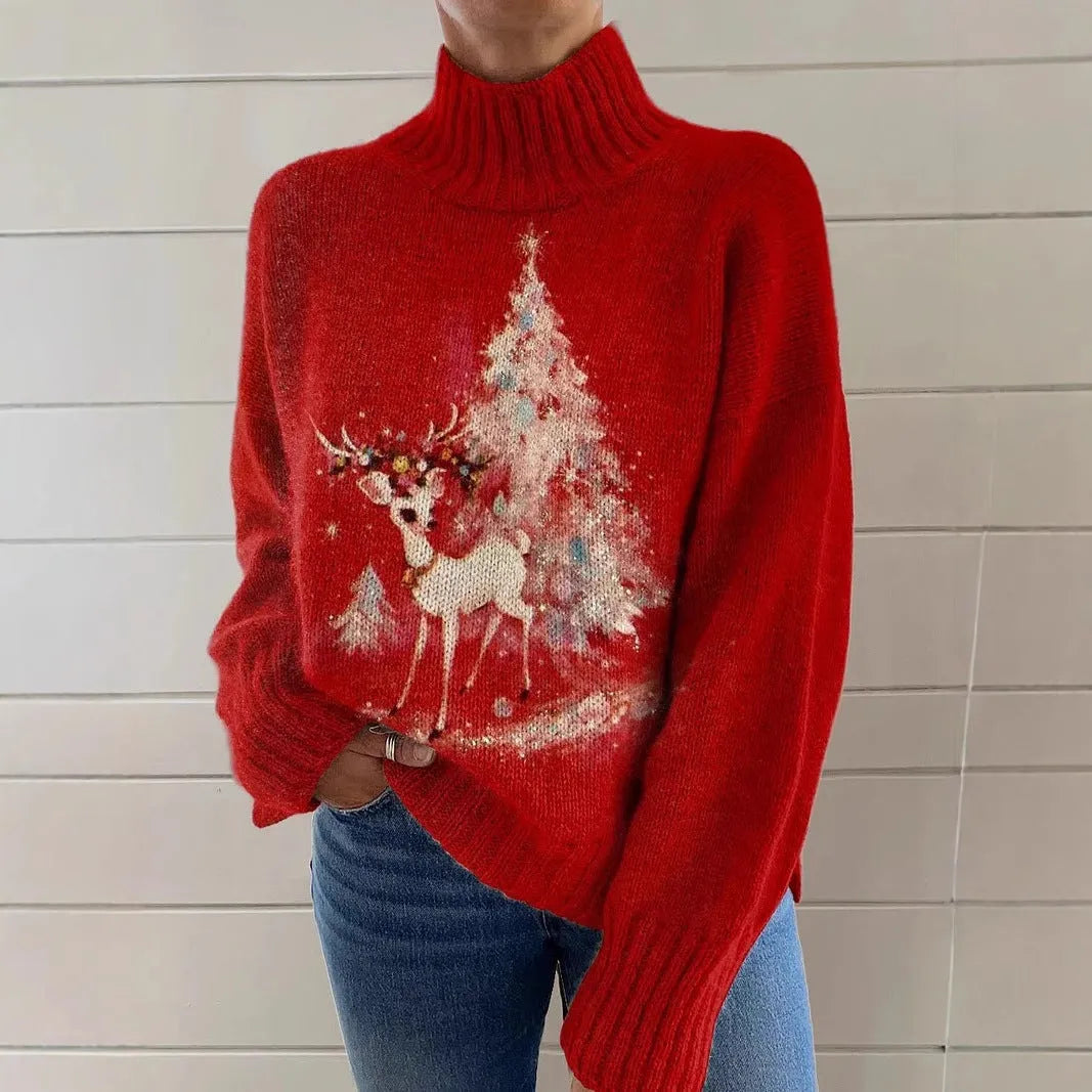 Women's loose fit Christmas printed turtleneck sweater in a macaron colour